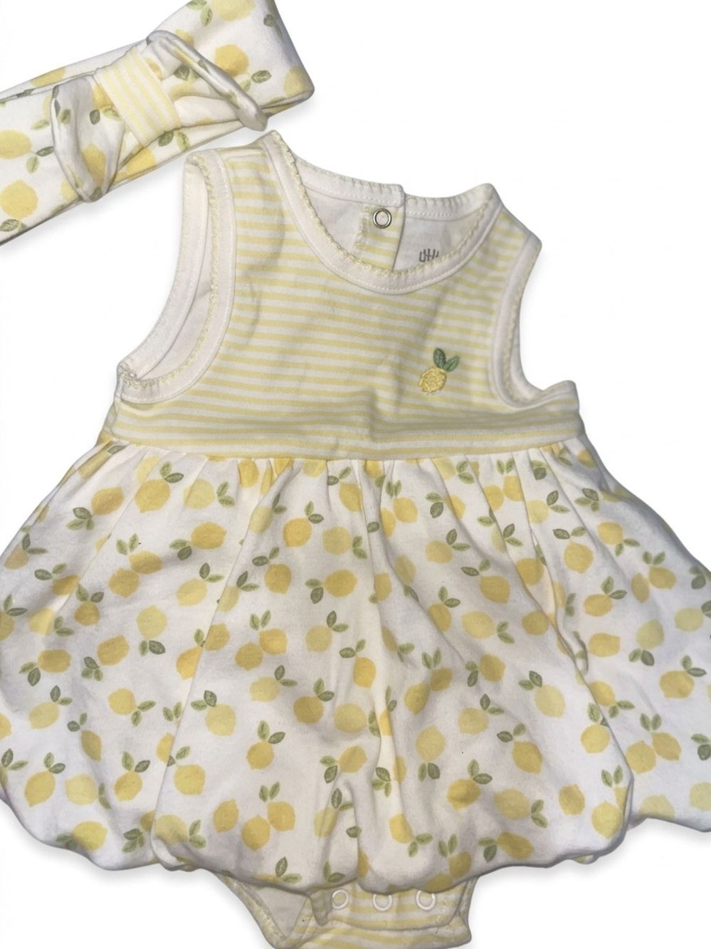 Little Me Yellow Lemon Print Sleeveless Bubble Romper with Headband